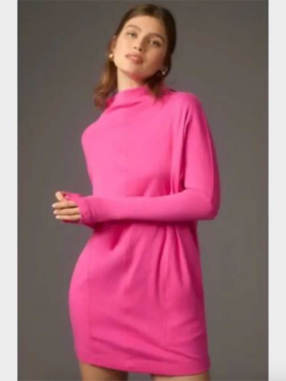 Anthropologie Daily Practice Hot Pink Mock Neck Long Sleeve Mini Dress - Size XS